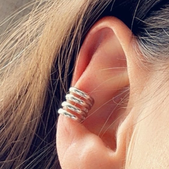 Rhodium Plated Four-Band Ear Cuff – Modern Wide Cuff Look, No Piercing Needed - Picture 5 of 12